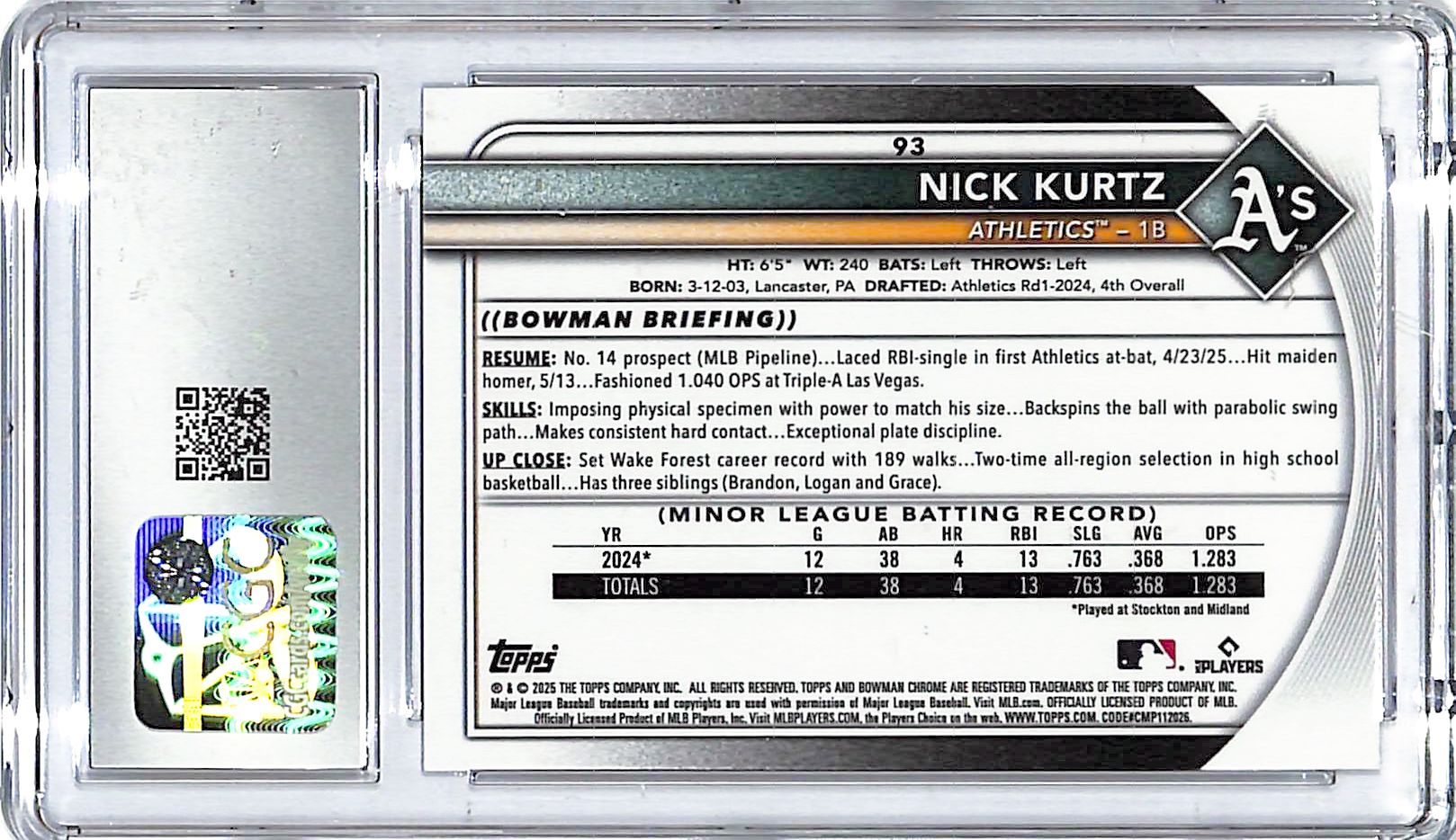 2025 Bowman Chrome Nick Kurtz Rookie RC #93 CGC 9.5 Athletics