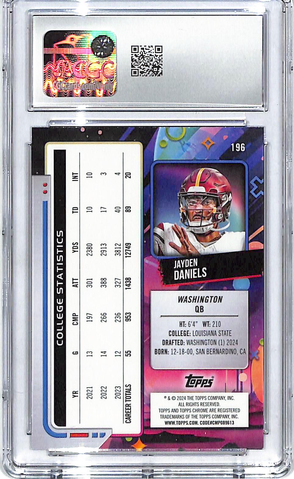 2024 Topps Chrome Cosmic Jayden Daniels Rookie RC #196 CGC 10 Commanders