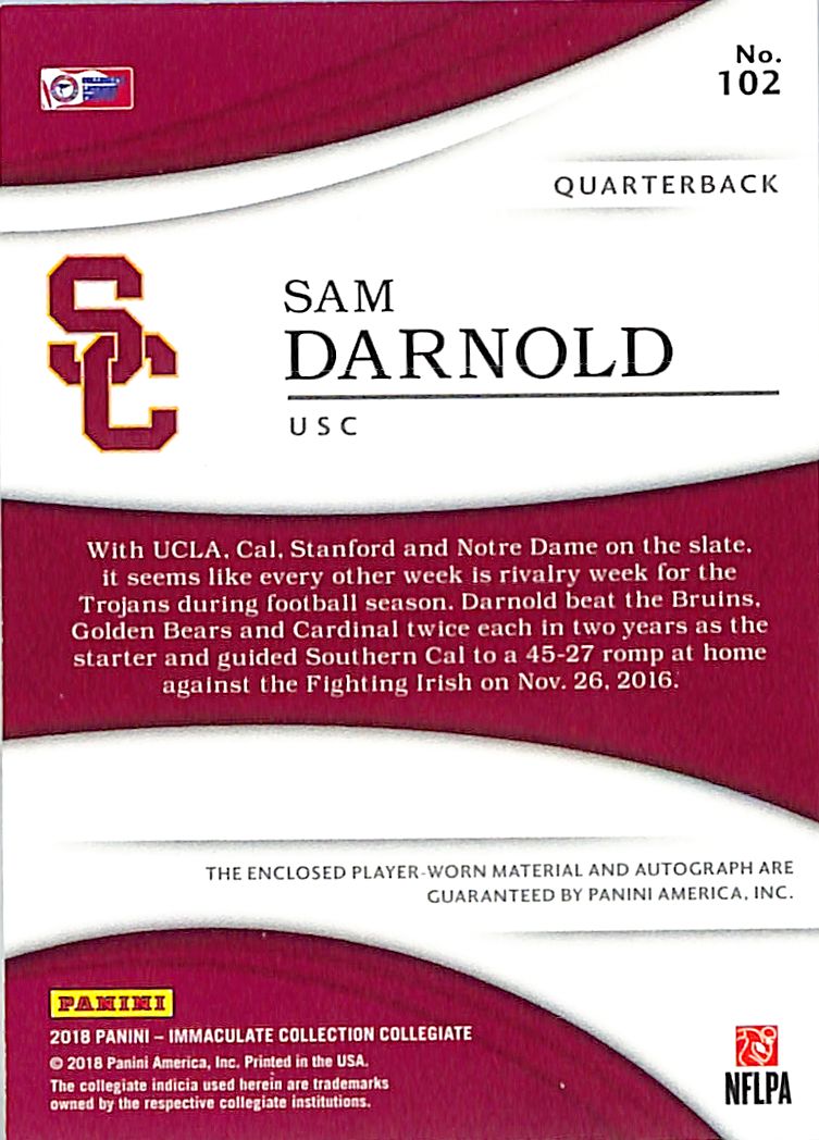 2018 Immaculate Collegiate Sam Darnold Auto Autograph Patch Jersey Rookie RC /99 USC