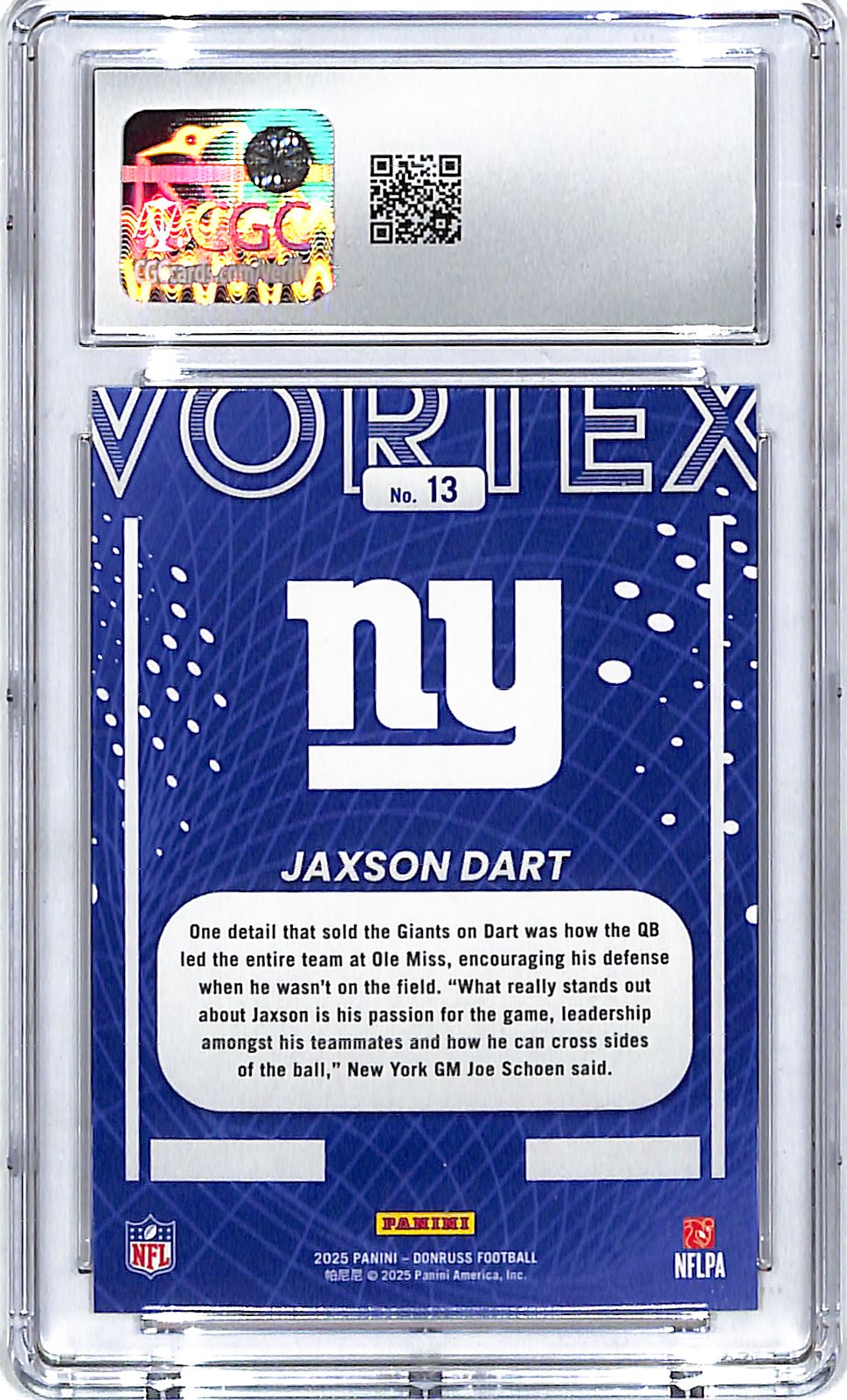 2025 Donruss Jaxson Dart Vortex Rookie RC CGC 10 Giants