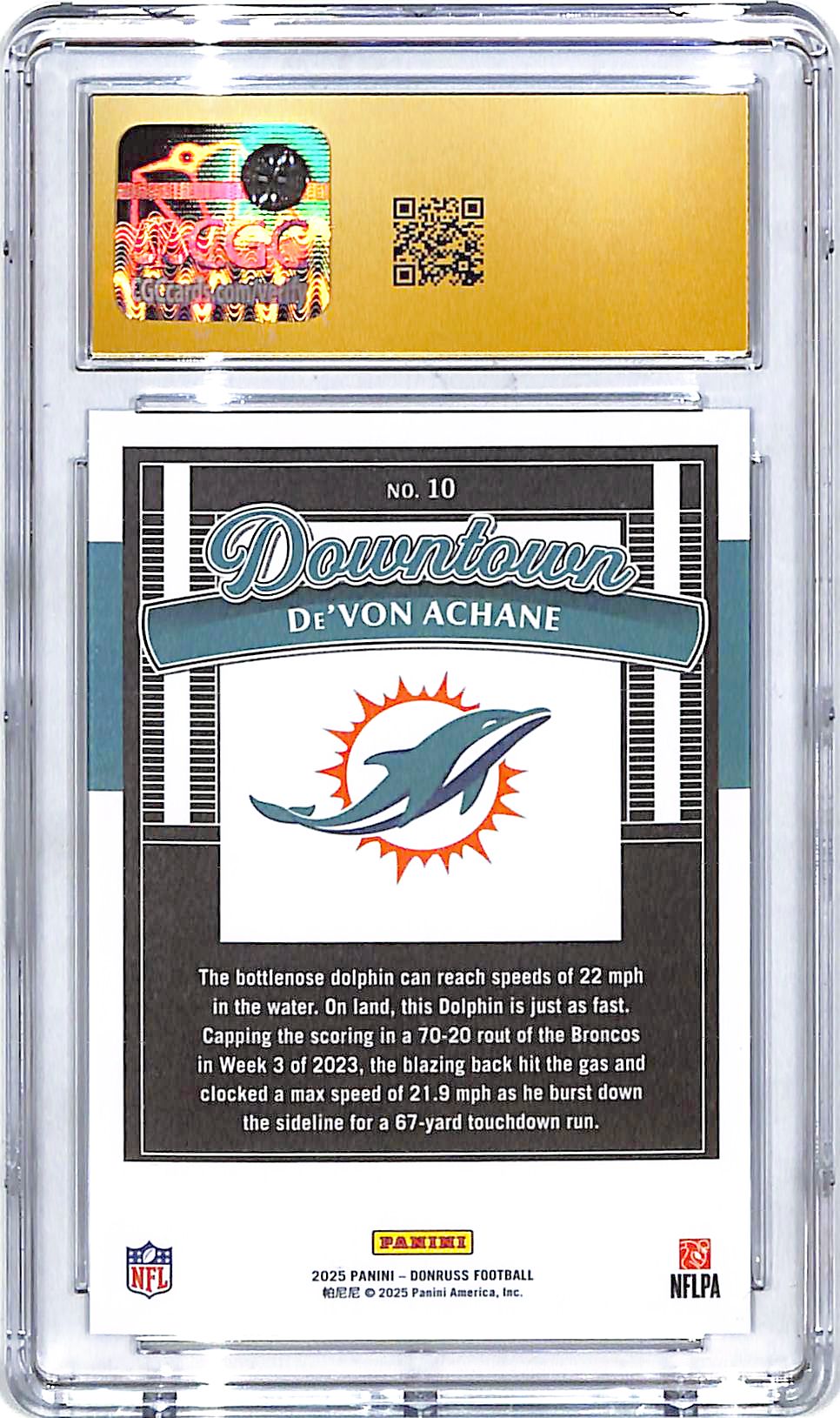 2025 Donruss De'Von Achane Downtown #10 CGC 10 Pristine Dolphins