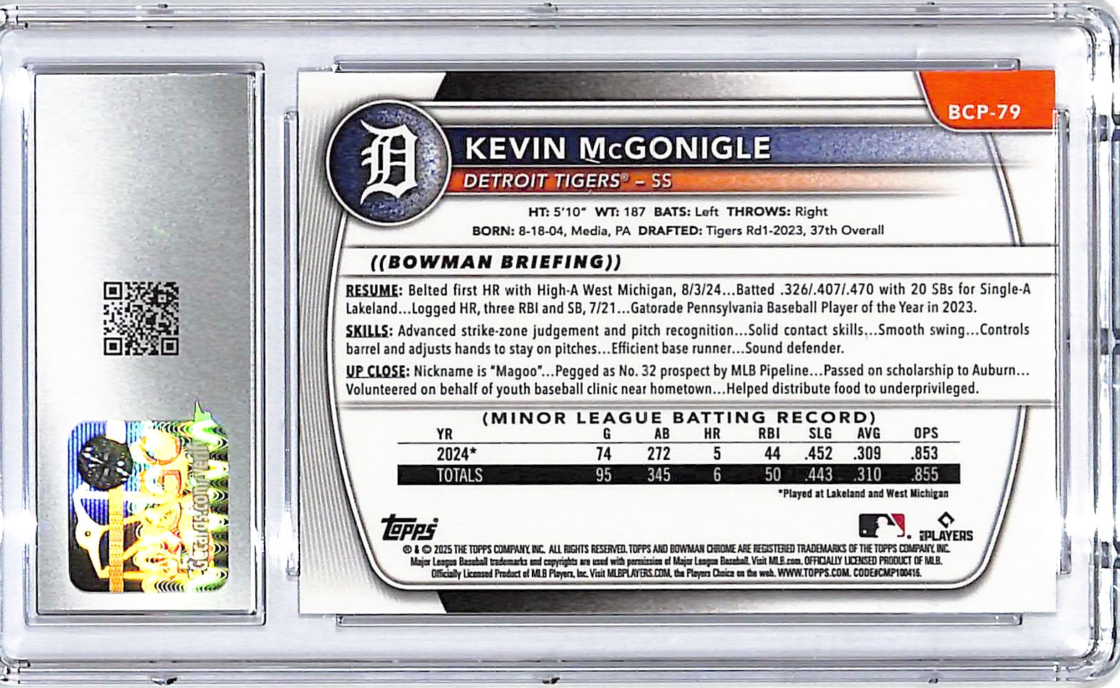 2025 Bowman Chrome Kevin McGonigle Prospect Rookie RC CGC 9.5 Tigers
