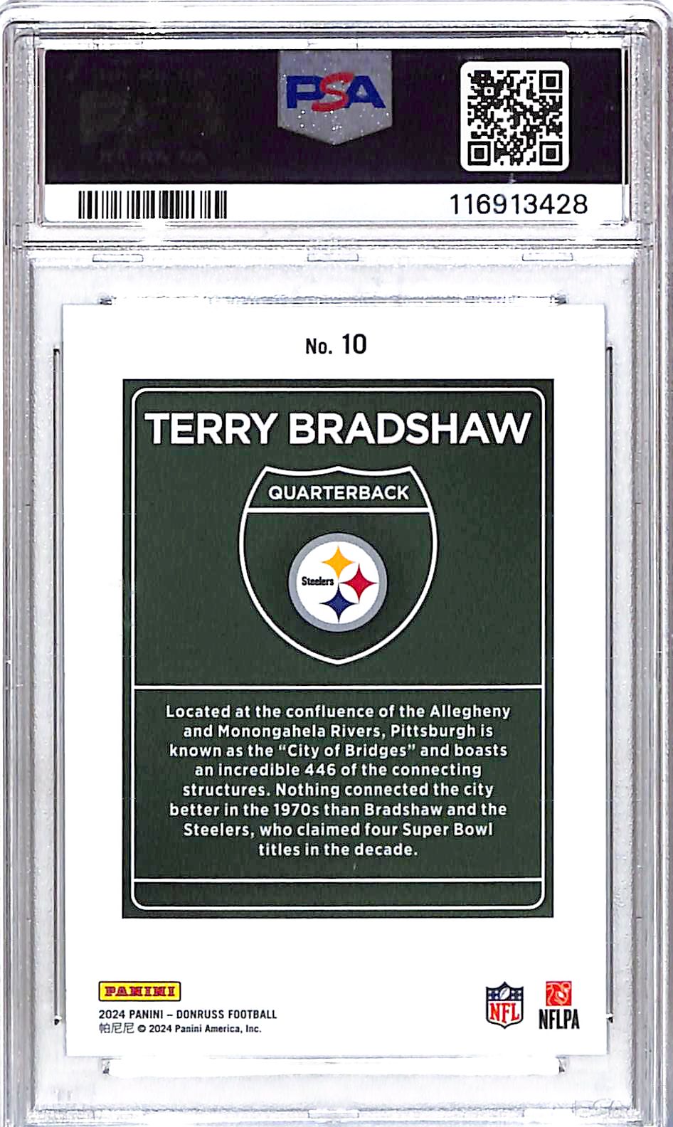 2024 Donruss Terry Bradshaw Downtown #10 PSA 9 Steelers