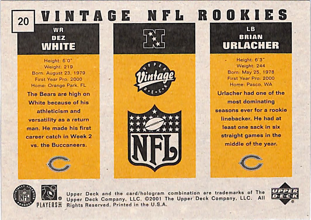 2001 Upper Deck Vintage Brian Urlacher Dez White Rookie RC /1000 Bears
