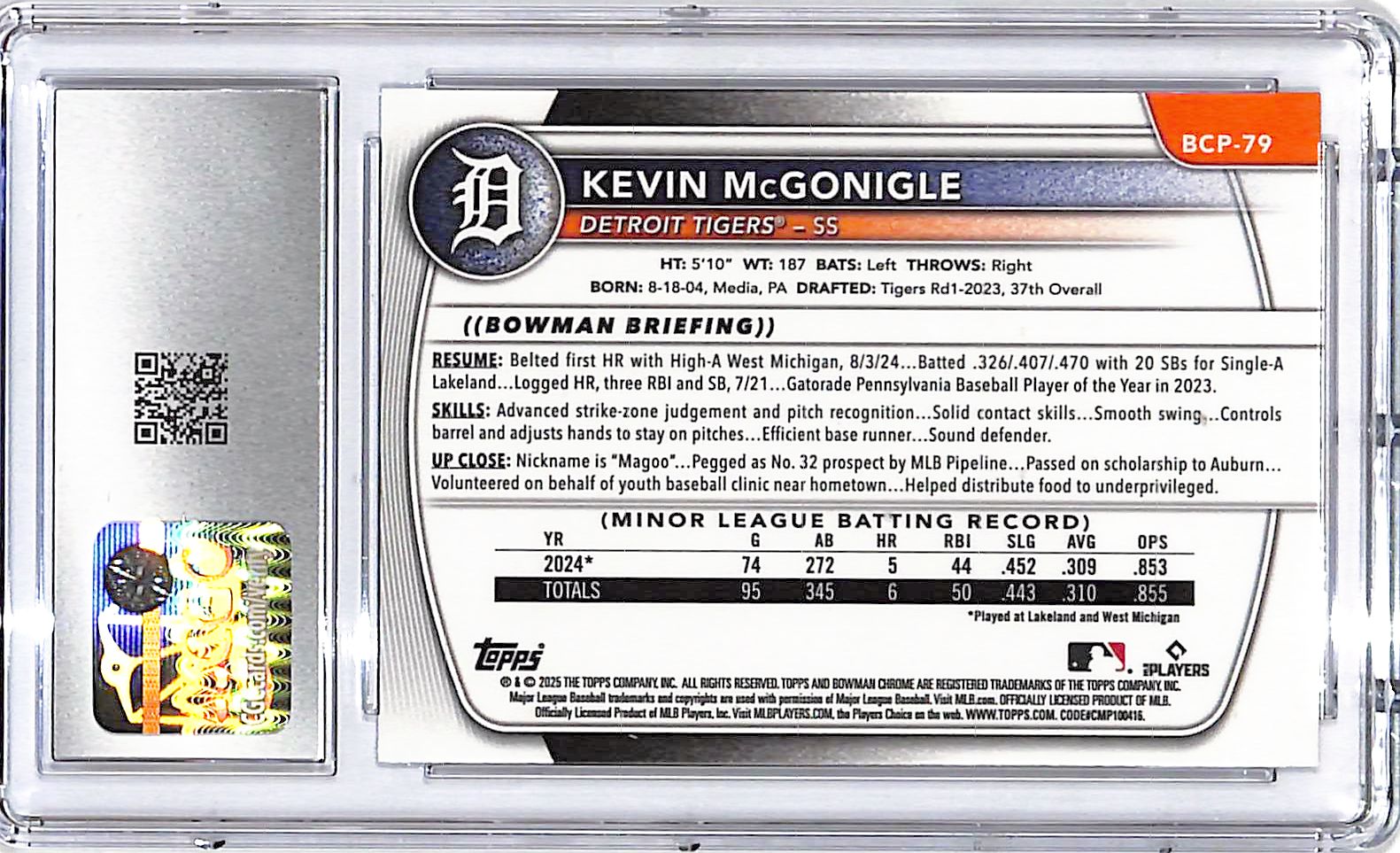 2025 Bowman Chrome Kevin McGonigle Prospect Rookie RC CGC 9.5 Tigers