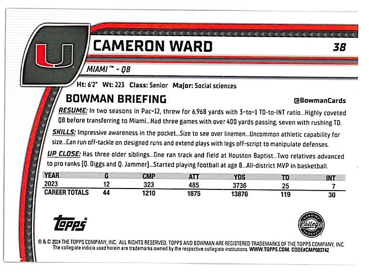 2024 Bowman Chrome University Cameron Ward Rookie RC Black Refractor /10 Miami