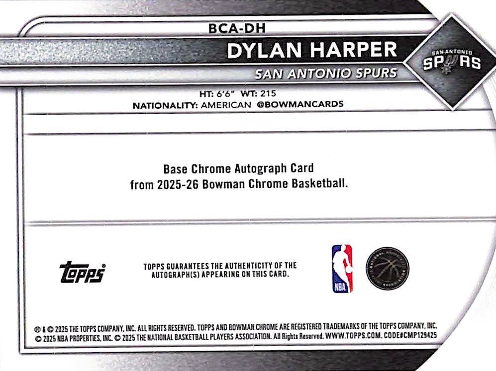 2025-26 Bowman Chrome Dylan Harper Auto Autograph Rookie RC Speckle Refractor /299 Spurs