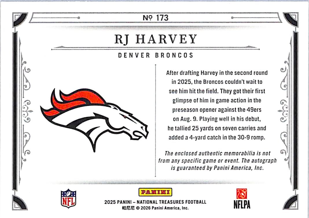 2025 National Treasures RJ Harvey Auto Autograph Rookie RC Patch Jersey /99 Broncos