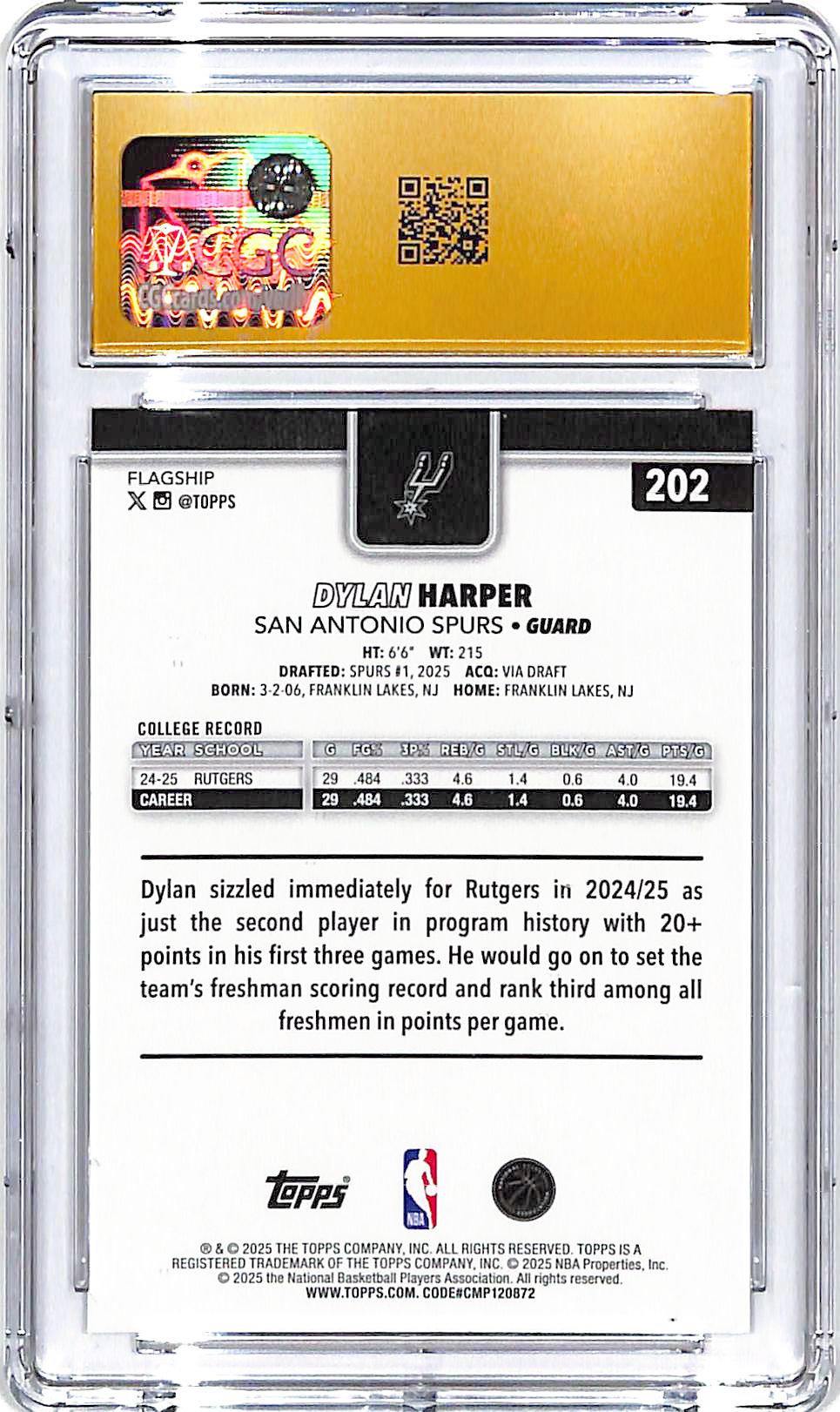 2025-26 Topps Dylan Harper Rookie RC #202 CGC 10 Pristine Spurs