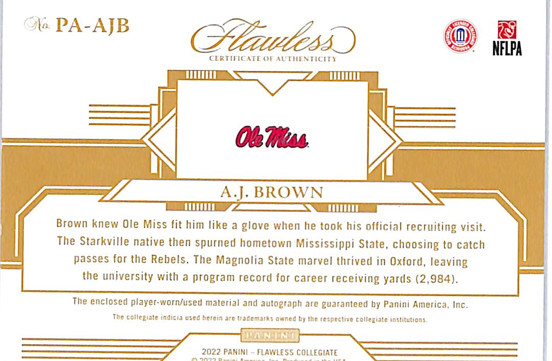 2022 Flawless Collegiate AJ Brown Auto Autograph Patch Jersey /25 Ole Miss