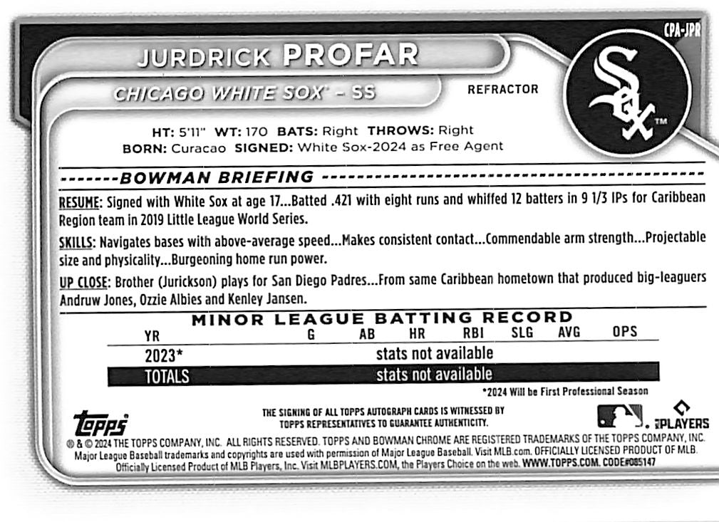 2024 Bowman Chrome Jurdrick Profar Auto Autograph Rookie RC Refractor /499 Prospect