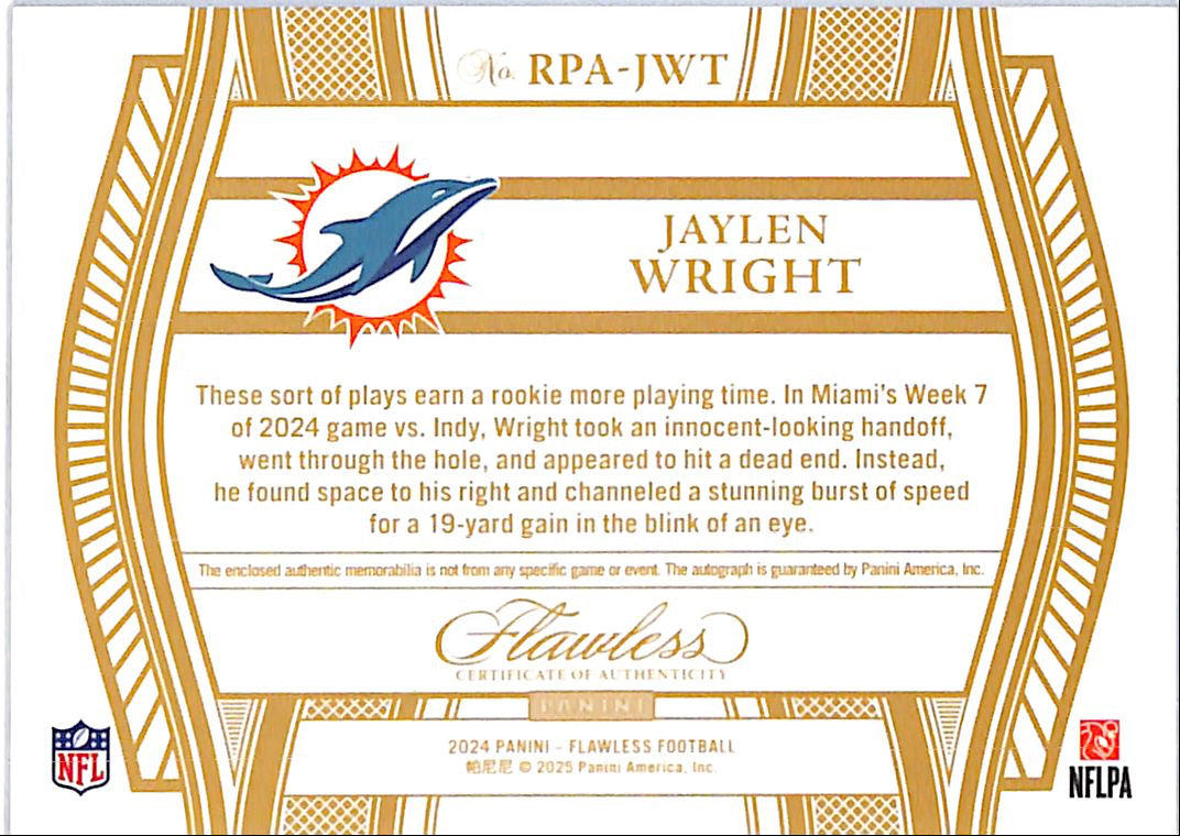 2024 Flawless Jaylen Wright Auto Autograph Rookie RC Patch Jersey /25 Dolphins