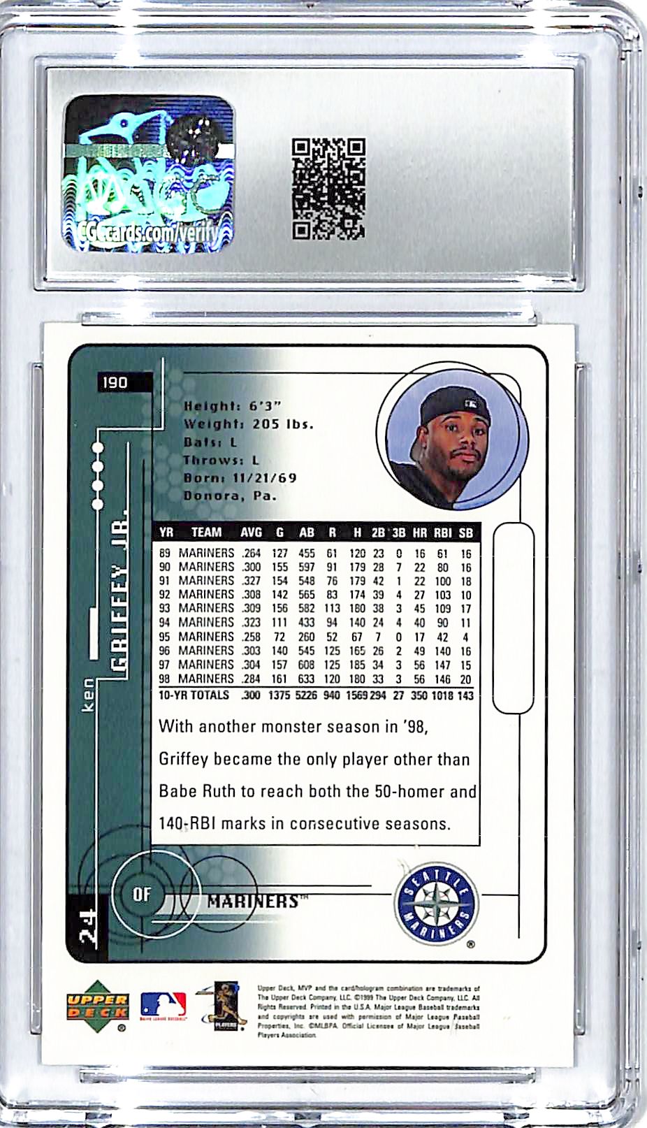 1999 Upper Deck MVP Ken Griffey Jr #190 CGC 9.5 Mariners