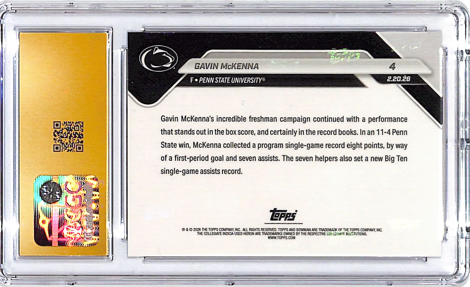 2025-26 Bowman U Now Gavin McKenna Rookie RC #4 CGC 10 Pristine Penn State