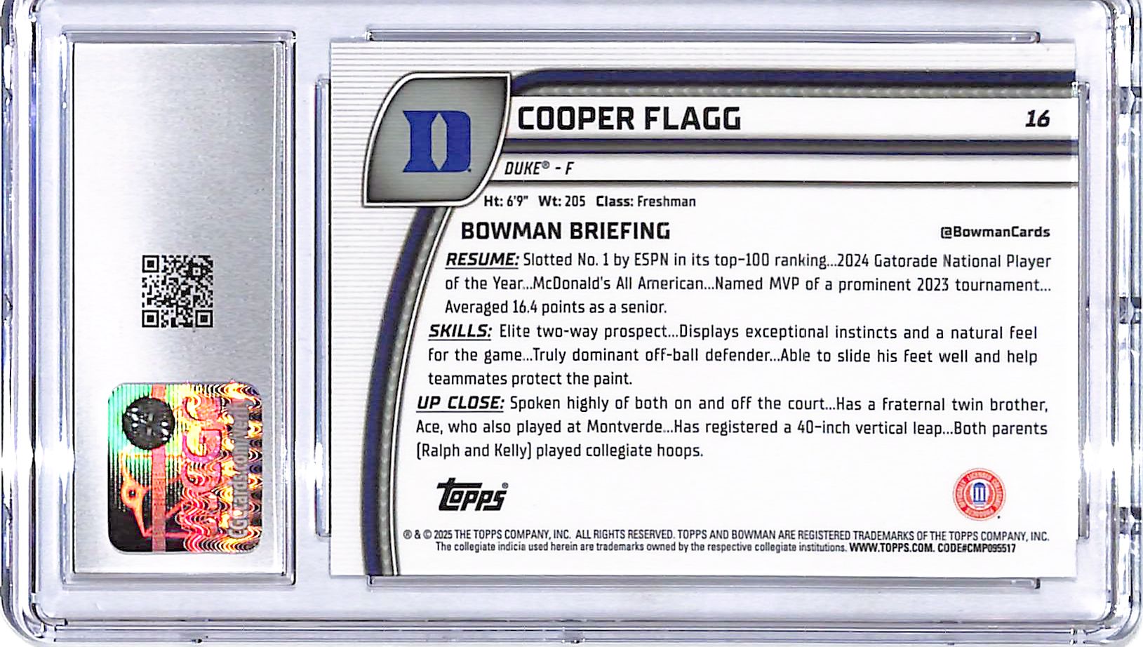 2024-25 Bowman Chrome University Cooper Flagg Rookie RC #16 CGC 10 Duke