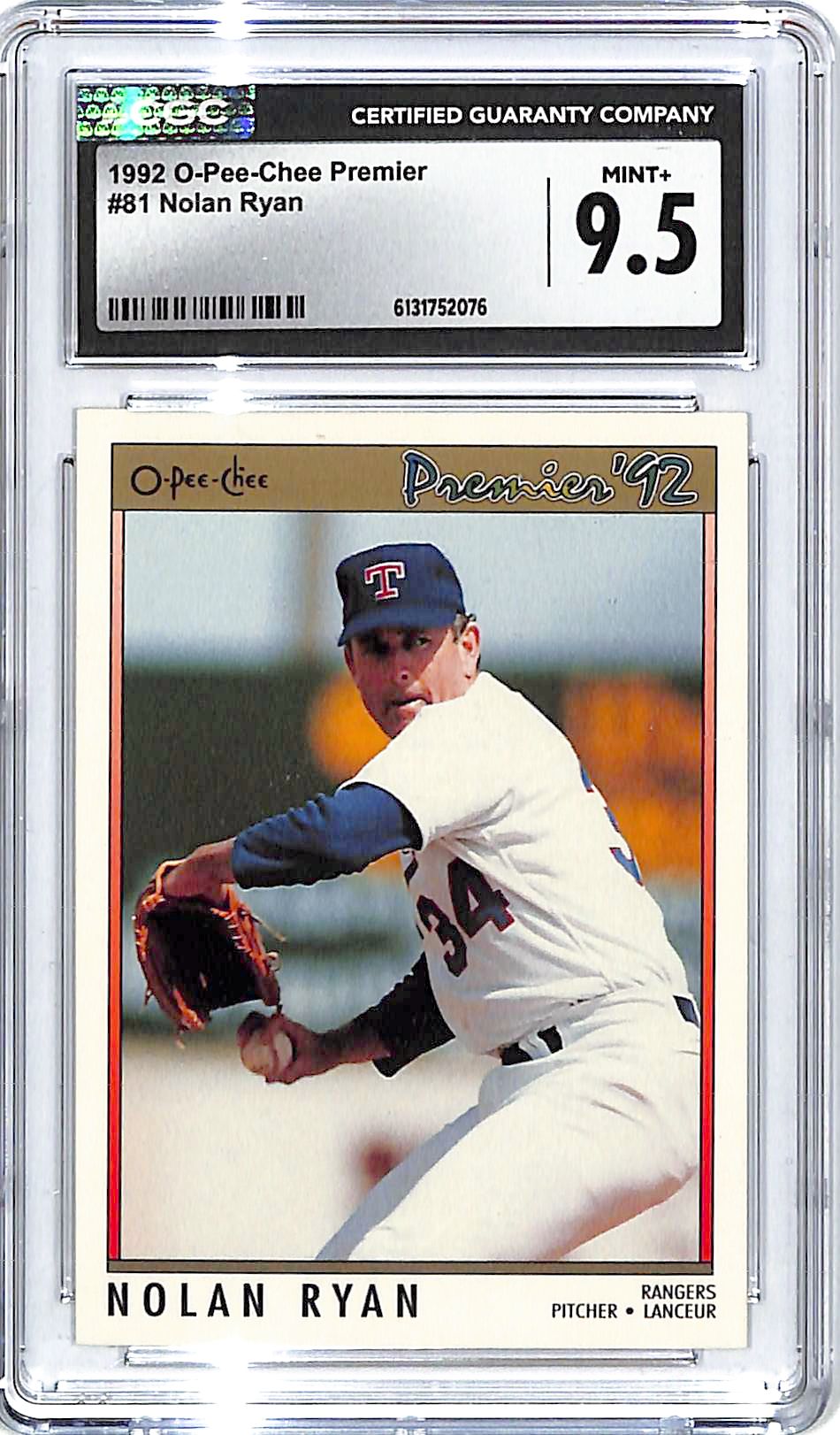 1992 O-Pee-Chee Premier Nolan Ryan #81 CGC 9.5 Rangers