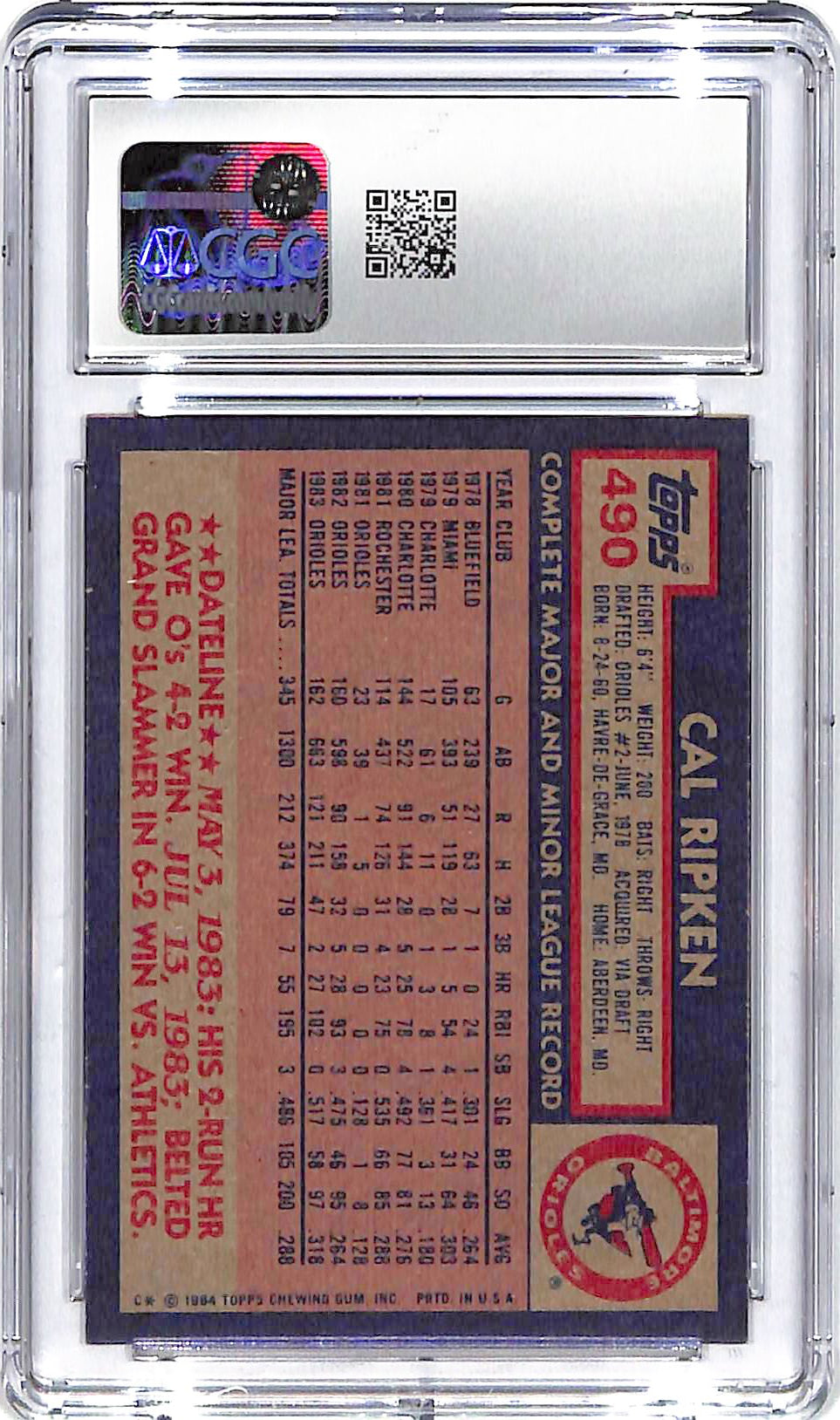 1984 Cal Ripken Jr. Topps #490 CGC Mint 9