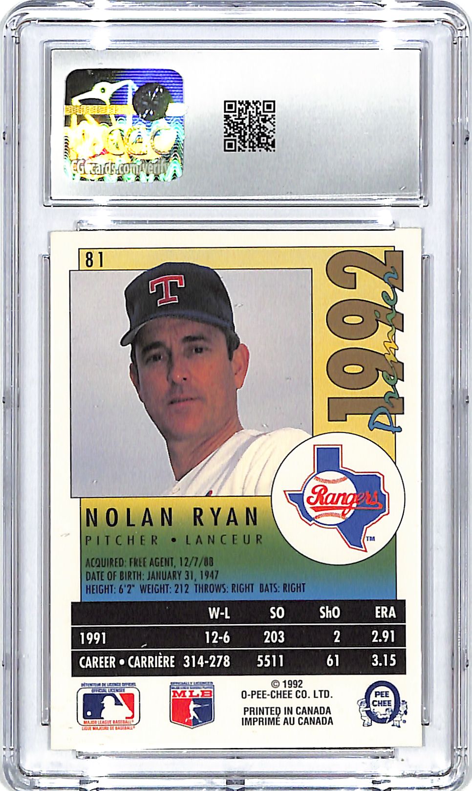 1992 O-Pee-Chee Premier Nolan Ryan #81 CGC 9.5 Rangers