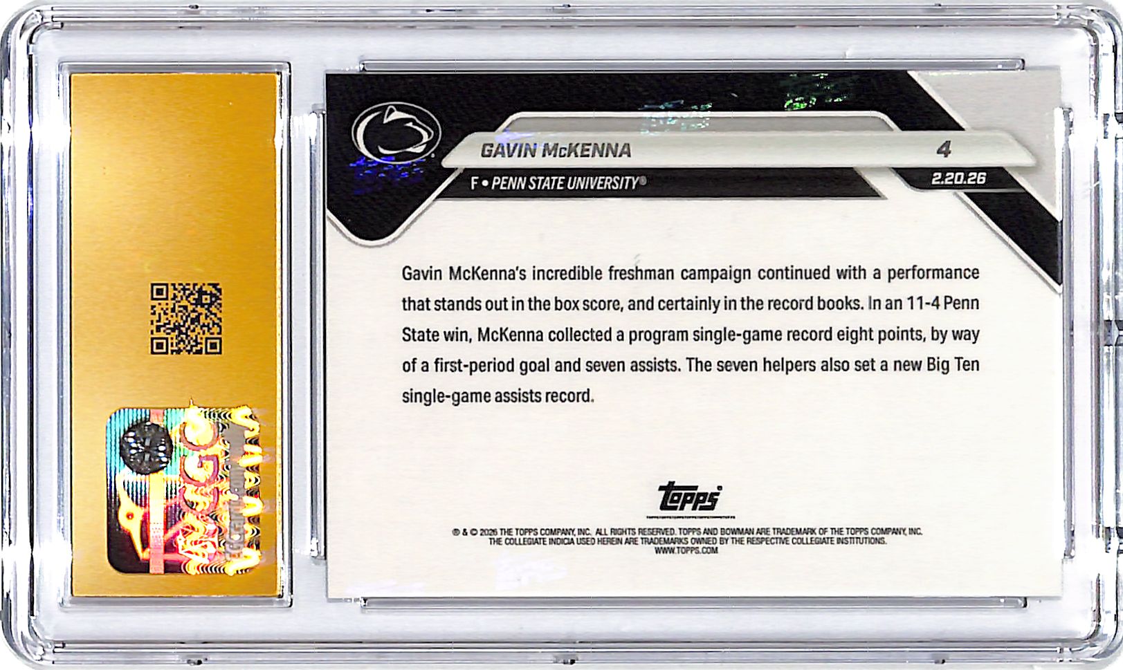 2025-26 Bowman U Now Gavin McKenna Rookie RC #4 CGC 10 Pristine Penn State
