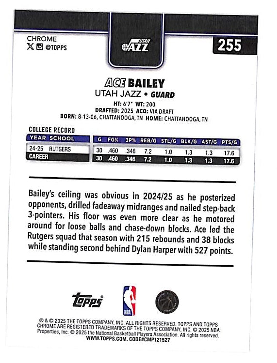 2025-26 Topps Chrome Ace Bailey Rookie RC Xfractor Jazz