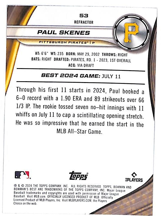 2024 Bowmans Best Paul Skenes Rookie RC Refractor Pirates