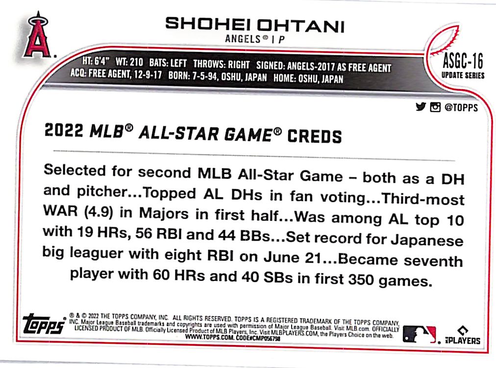 2022 Topps Chrome Update Shohei Ohtani All Star Game Refractor Angels