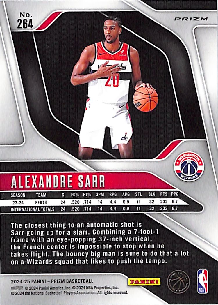 2024-25 Prizm Alexandre Sarr Rookie RC Green #264 Wizards