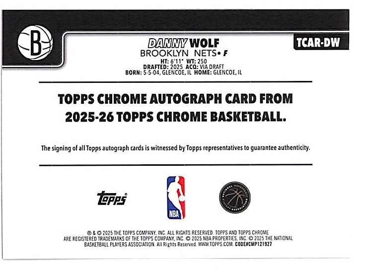 2025-26 Topps Chrome Danny Wolf Auto Autograph Rookie RC Nets