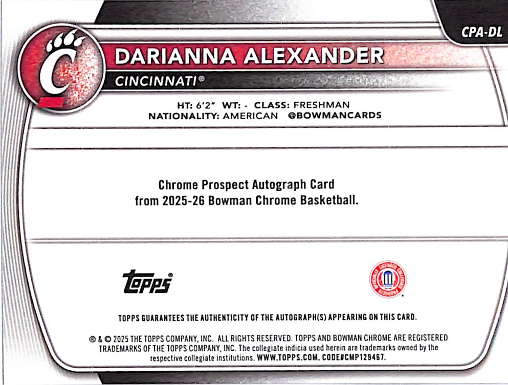 2025-26 Bowman Chrome University Darianna Alexander Auto Autograph Rookie RC