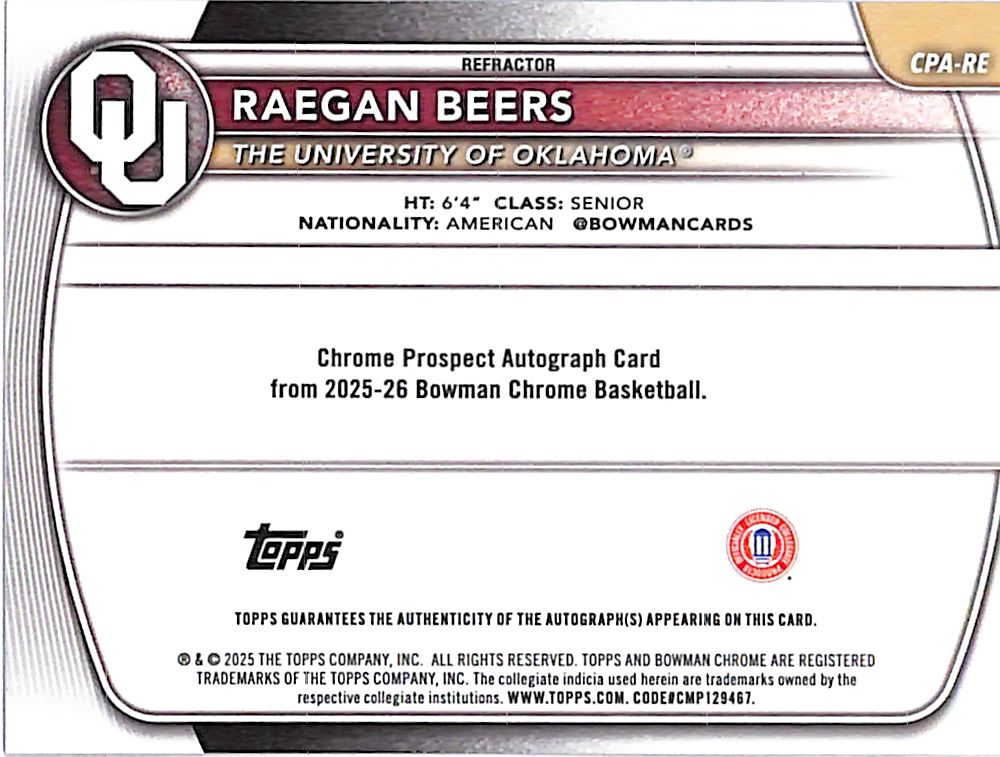 2025-26 Bowman Chrome University Raegan Beers Auto Autograph Rookie RC Refractor /499