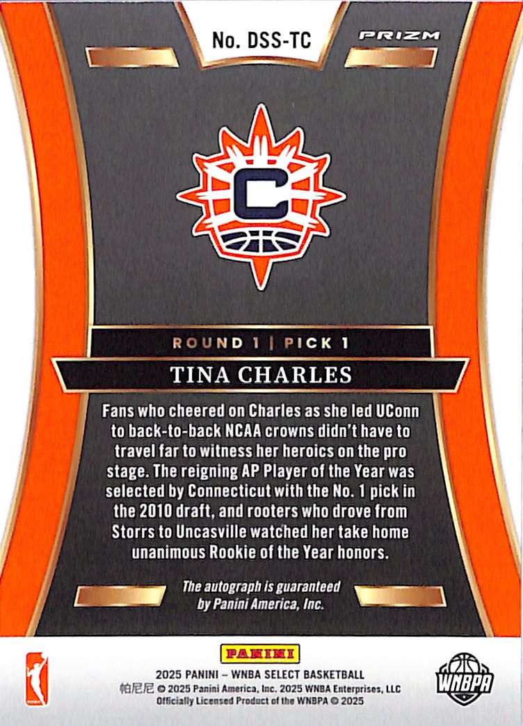 2025 Select WNBA Tina Charles Auto Autograph Draft Selection Silver