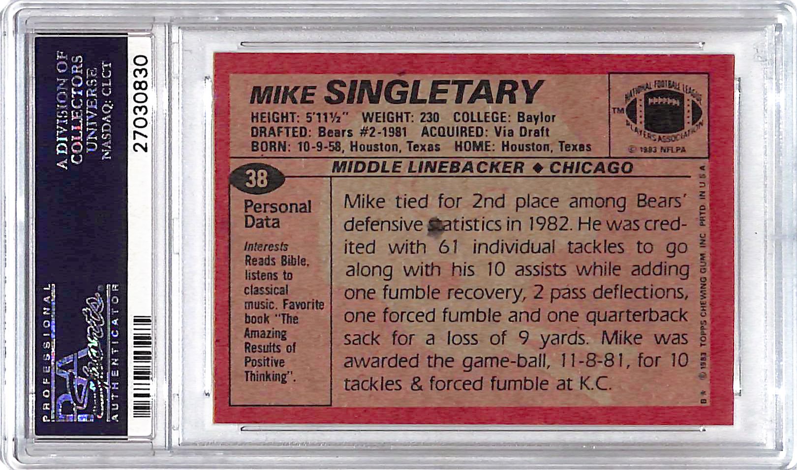 1983 Topps Mike Singletary #38 PSA 8 Bears