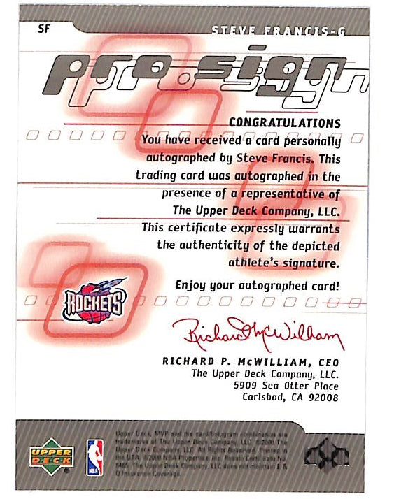 2000-01 Upper Deck MVP Steve Francis Pro Sign Auto Autograph Rockets