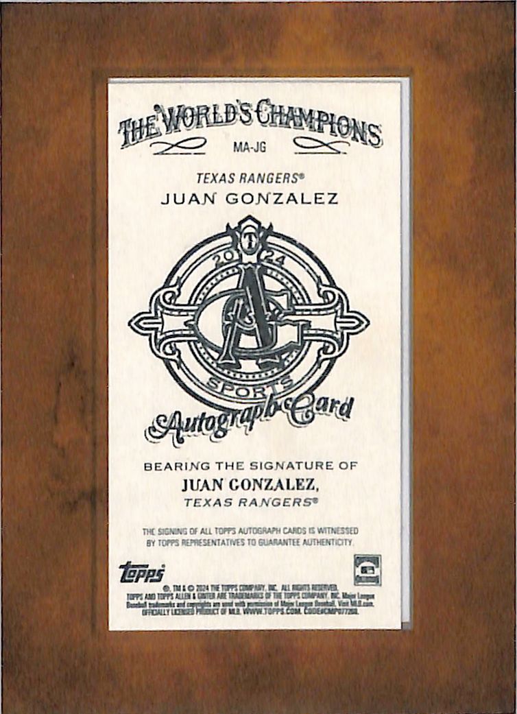 2024 Topps Allen and Ginter Juan Gonzalez Mini Framed Auto Autograph Rangers