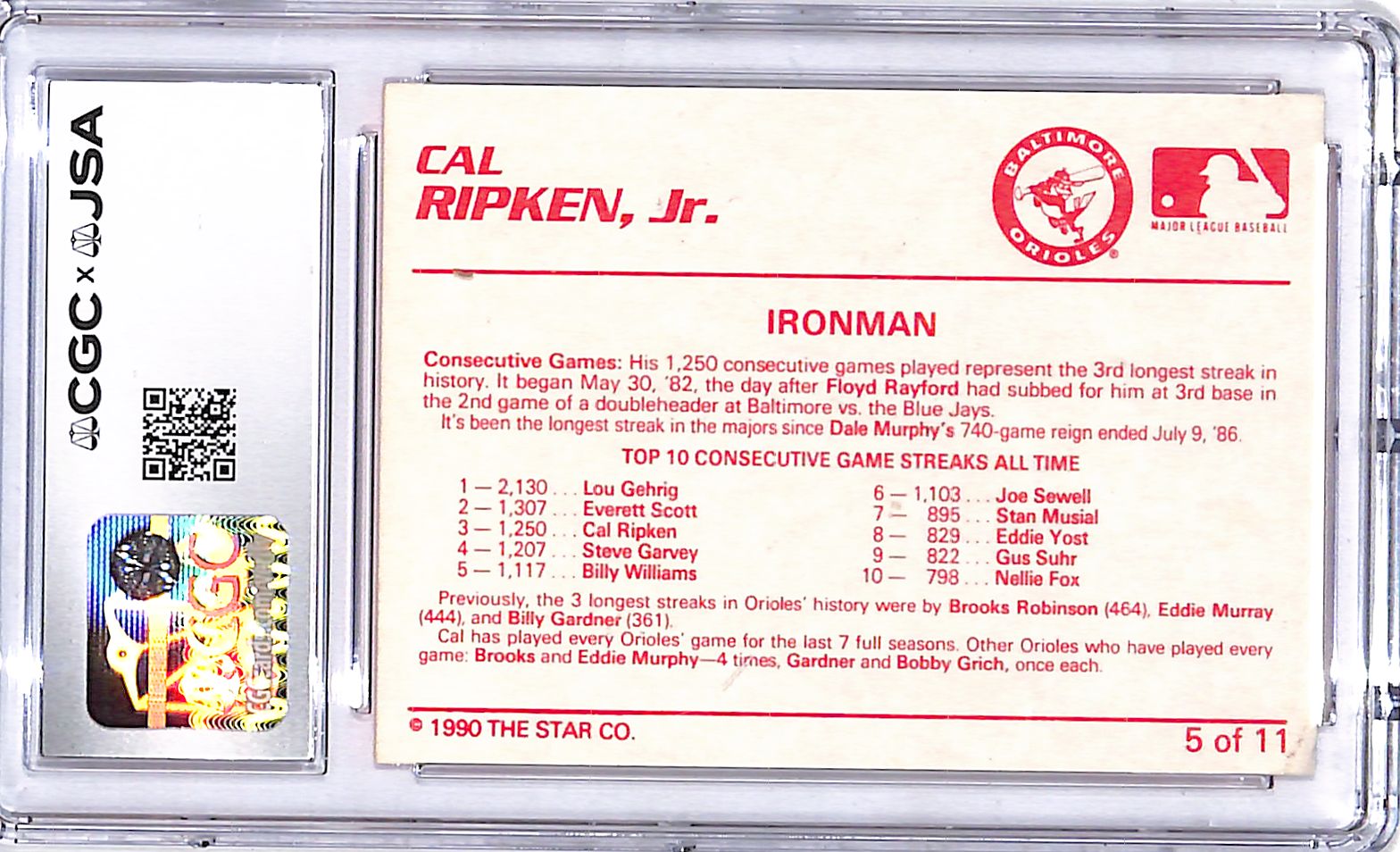 1990 Star Cal Ripken Jr Auto Autograph Signed CGC Authentic Orioles