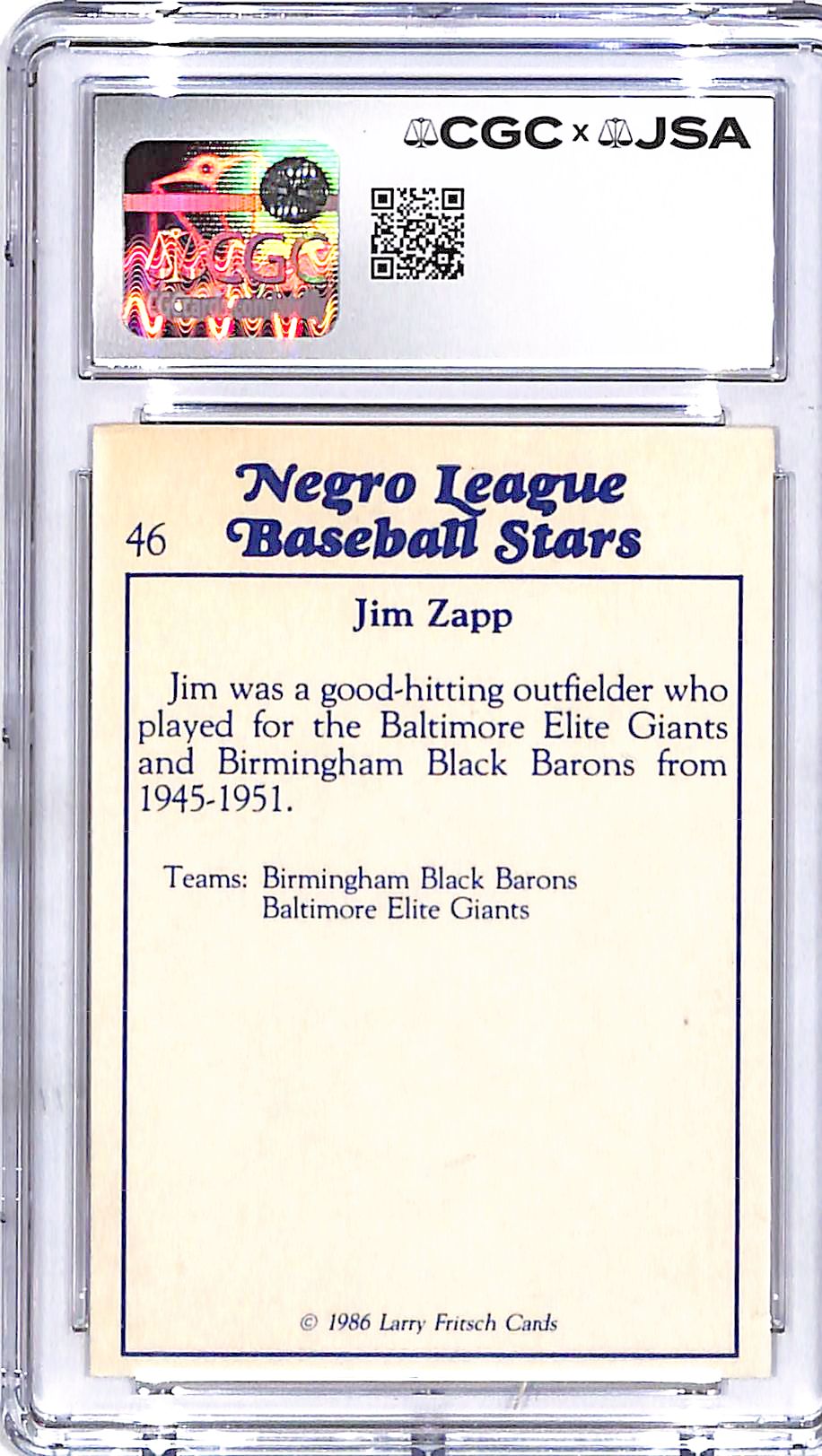 1986 Fritsch Negro League Stars Jim Zapp Auto Autograph Signed CGC Authentic