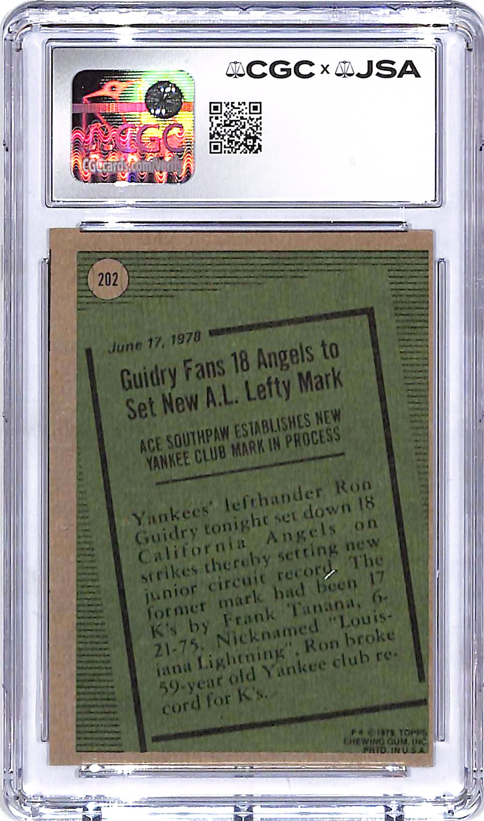1979 Topps Ron Guirdry Auto Autograph Signed CGC Authentic Yankees