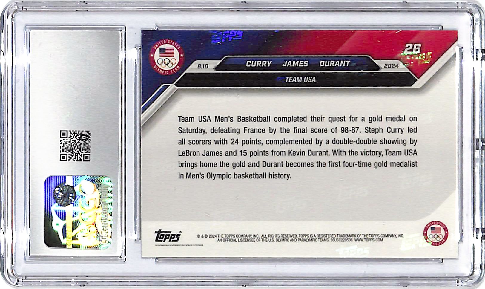 2024 Topps Now Olympic Games Lebron James Kevin Durant Steph Curry #26 CGC 10