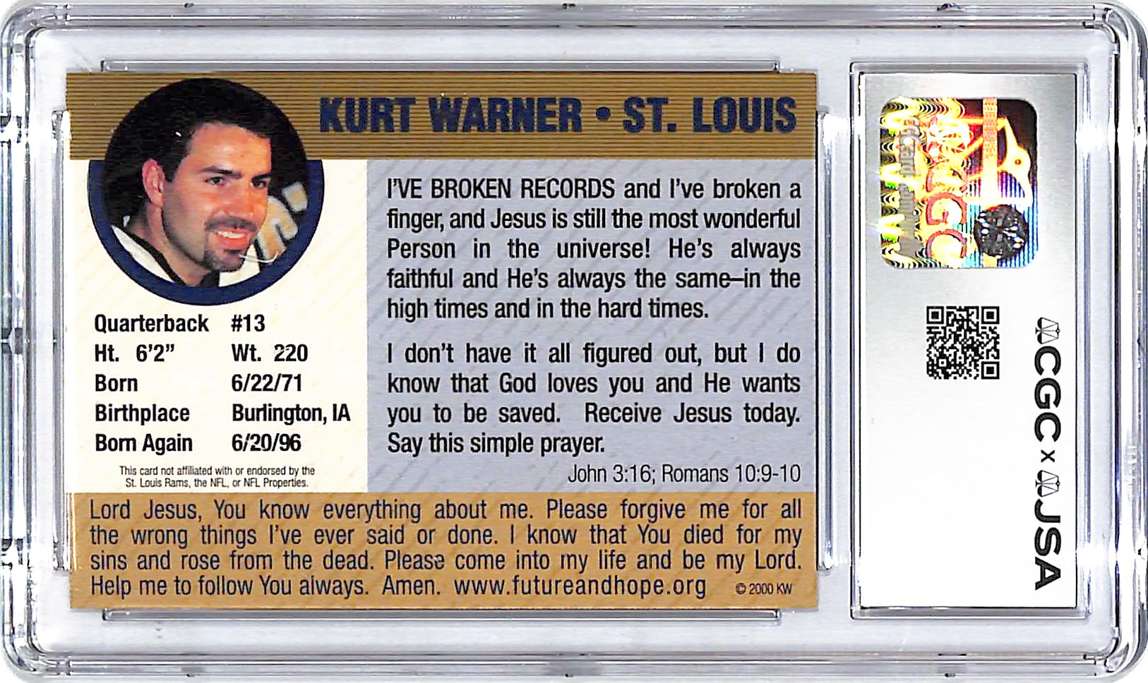 Kurt Warner Signed Custom Card Auto Autograph CGC Authentic Rams