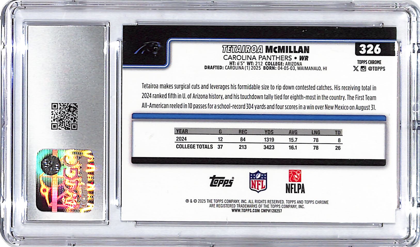 2025-26 Topps Chrome Tetairoa McMillan Rookie RC RayWave Refractor CGC 10 Panthers