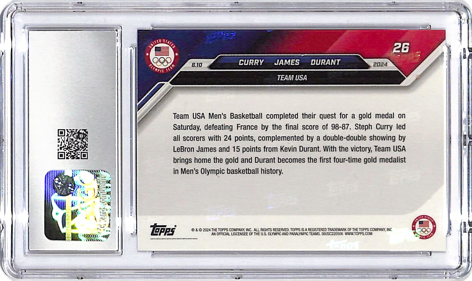 2024 Topps Now Olympic Games Lebron James Kevin Durant Steph Curry #26 CGC 10