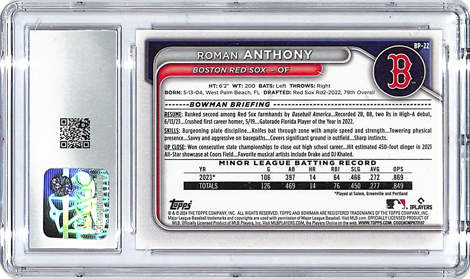 2024 Bowman Roman Anthony Prospects BP-22 CGC 9.5 Red Sox