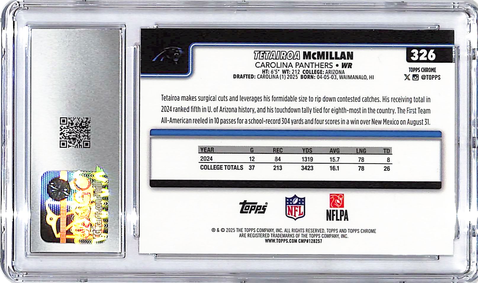 2025 Topps Chrome Tetairoa McMillan Rookie RC Red White and Blue Refractor CGC 10 Panthers