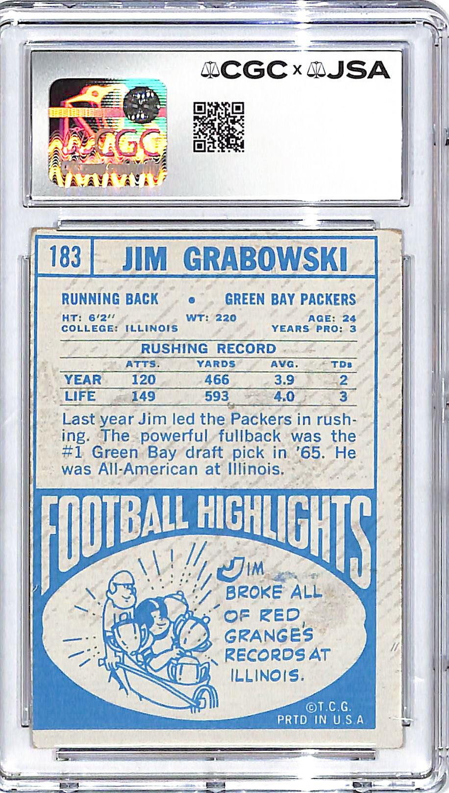 1968 Topps Jim Grabowski Auto AutograpH CGC Authentic Packers