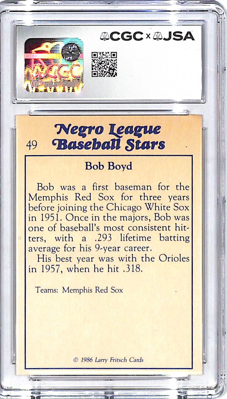 1986 Fritsch Negro League Stars Bob Boyd Auto Autograph CGC Authentic