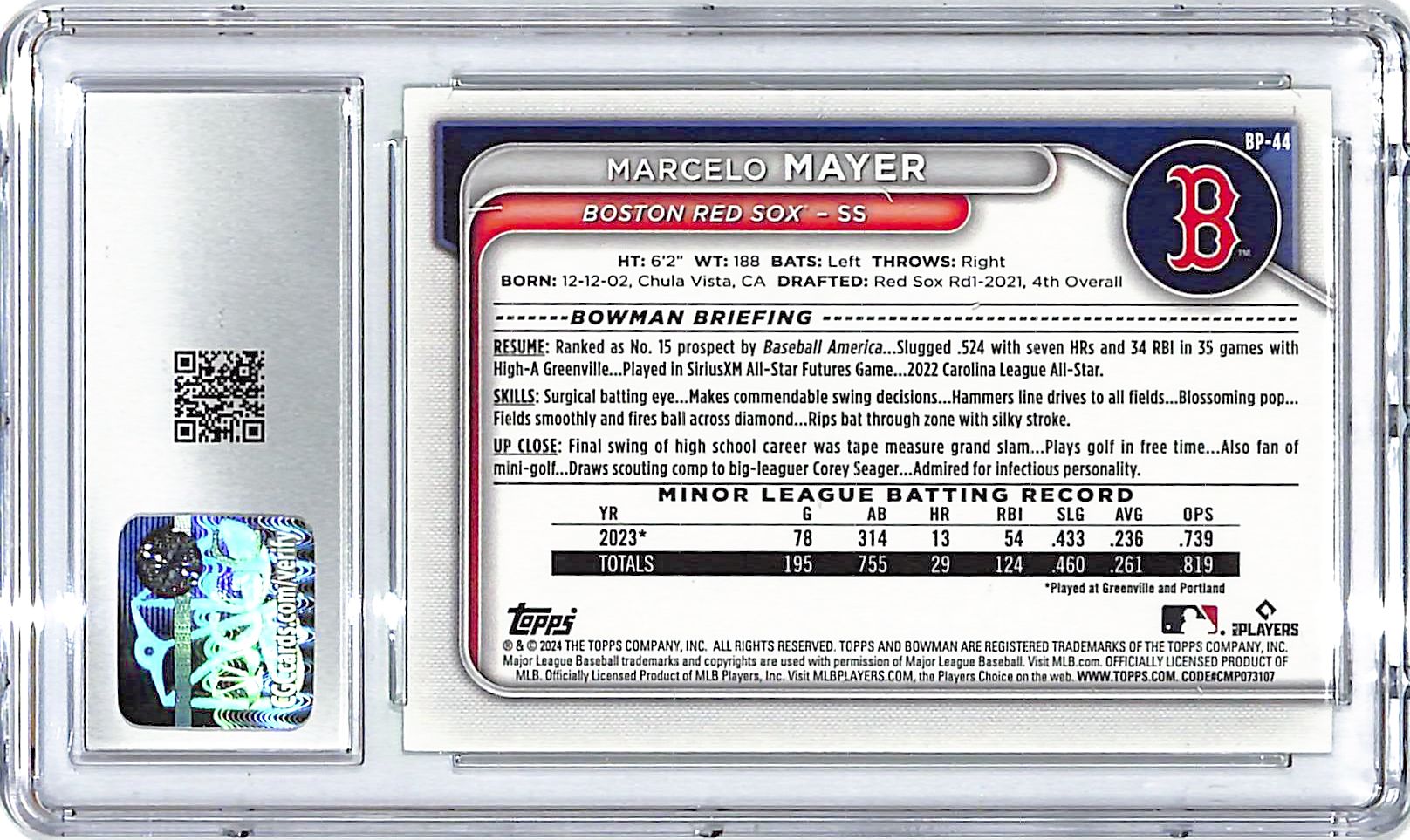 2024 Bowman Marcelo Mayer Prospects Neon Green /399 CGC 9.5 Red Sox