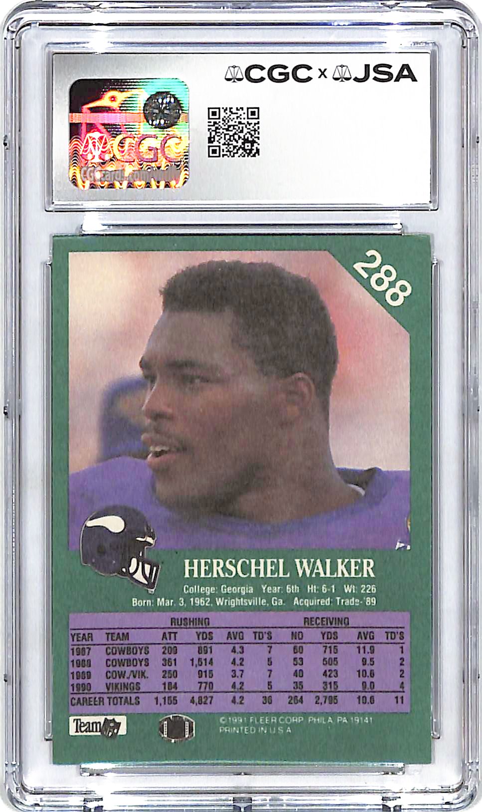 1991 Fleer Herschel Walker Auto Autograph CGC Authentic Vikings