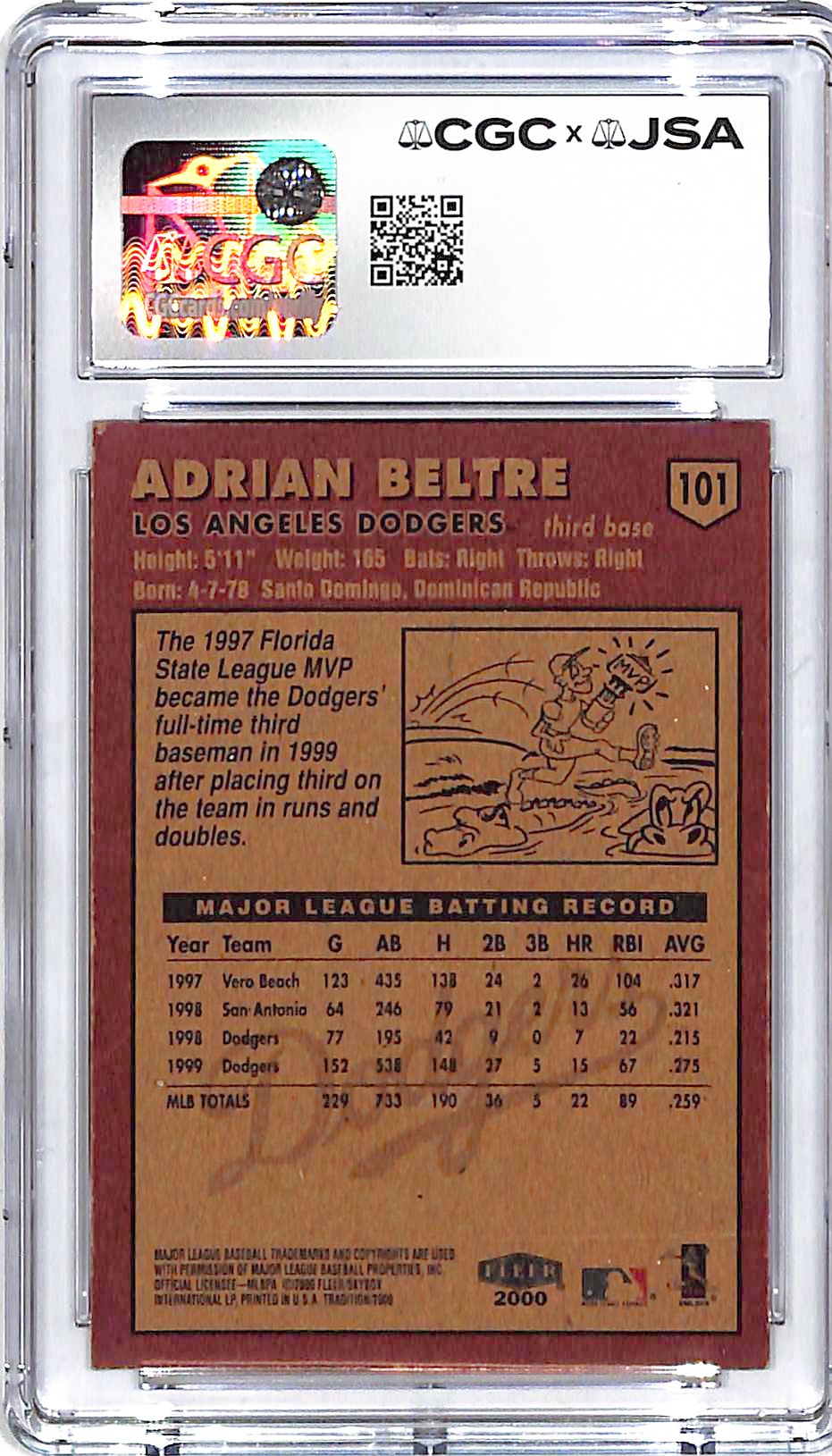 2000 Fleer Tradition Adrian Beltre Auto Autograph CGC Authentic Dodgers