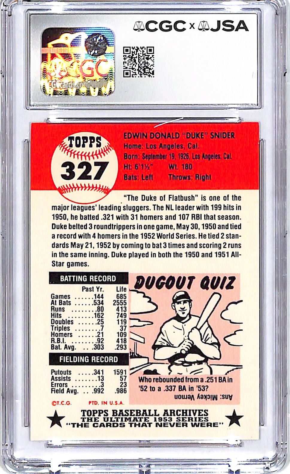 1991 Topps Archives 53 Duke Snider Auto Autograph CGC Authentic Dodgers