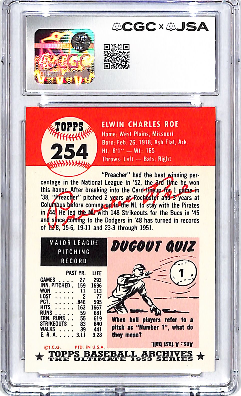 1991 Topps Archives 53 Preacher Roe Auto Autograph CGC Authentic Dodgers
